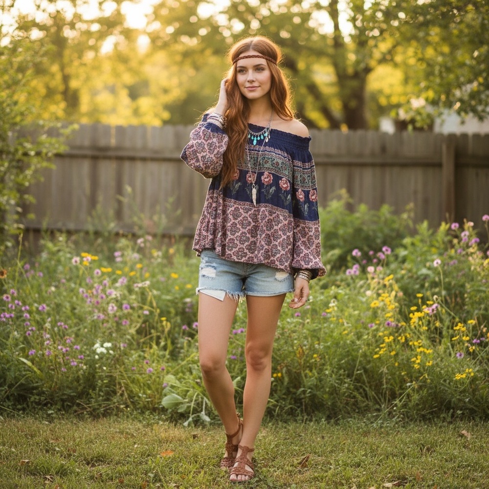 Hollister Floral Bohemian Women's Top Blue Red vintage Y2K crop boho babydoll